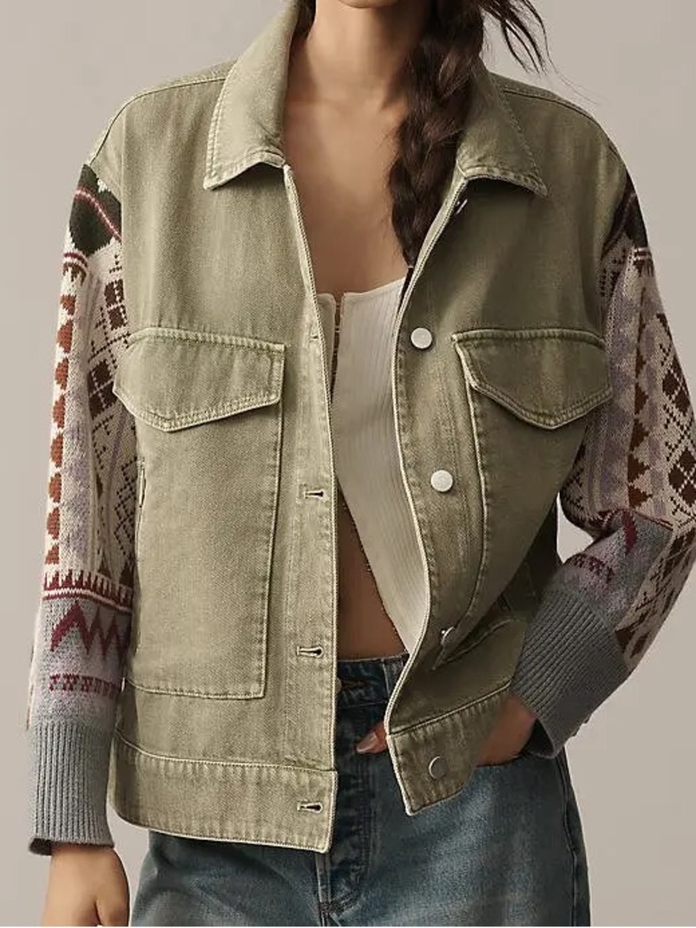 NWT Anthropologie Pilcro Olive Shacket Fair Isle Knit Sleeves XL